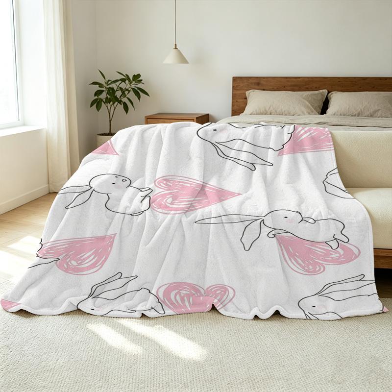 Soft Flannel Throw Blanket, Cute Bunny & Heart Design, Machine Washable, Perfect for Home Couch, Office Napping, Halloween & Christmas Warmth