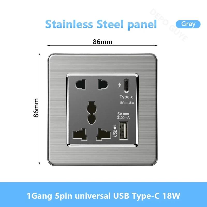 Universal Wall Light Switch Brushed Stainless Steel Panel,UK Type-c 18W Quick Charging Socket 220V Double USB Electrical Outlet