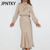 JPNTKY Women's Fashion Autumn Spring Solid Color Print Long Sleeve High Neck High Waist Casual Dresses