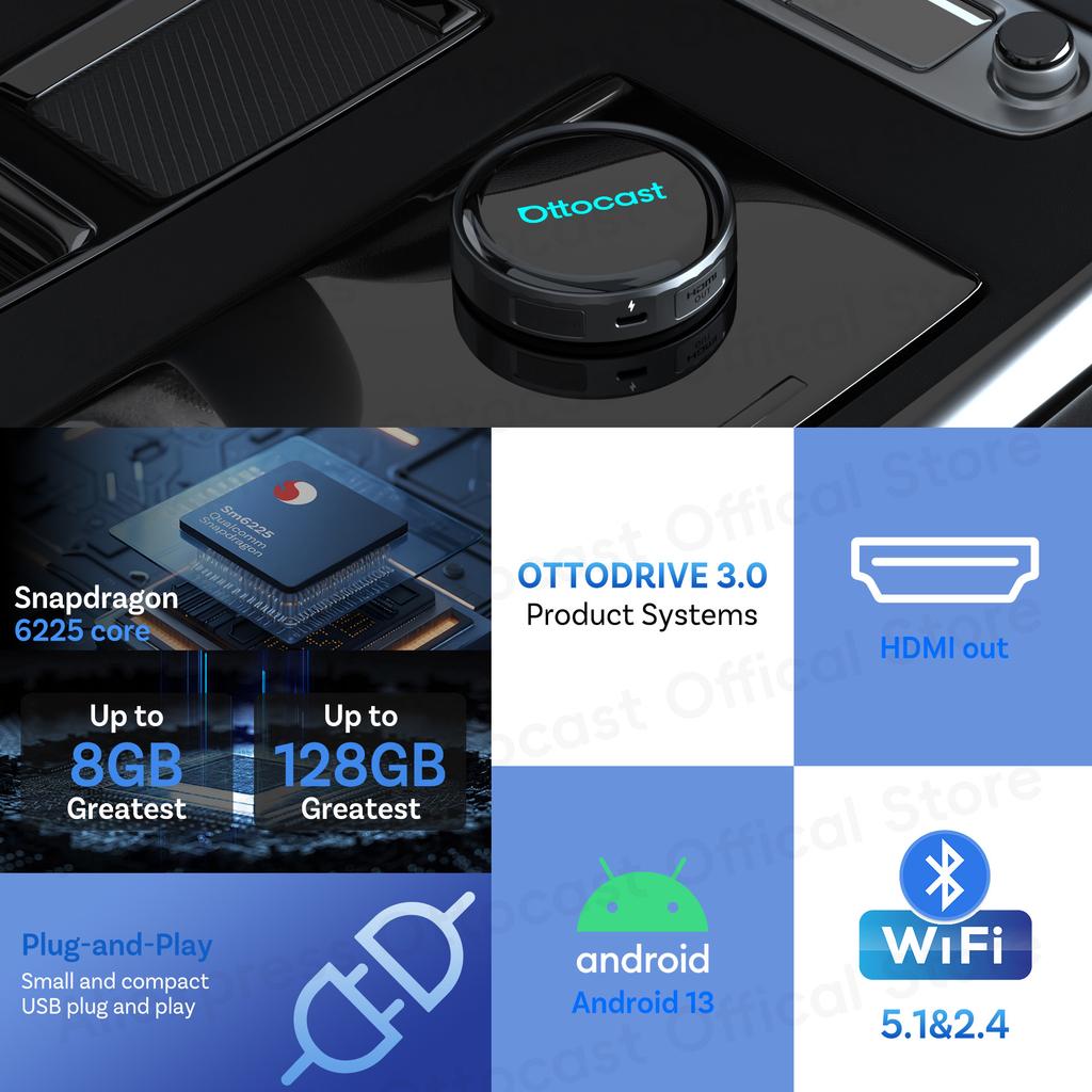 OTTOCAST P3 PRO AI Box Смарт SM6225 Android Box Беспроводной CarPlay Android Auto Голосовой AI Автомобильные Аксессуары для VW Toyota Benz