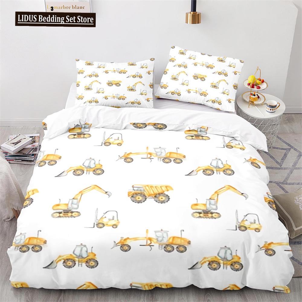 Комплект пододеяльника Digger Мультяшный Грузовик Тяжелой Техники Кран Бетономешалка Экскаватор Трактор Узор Для Ребенка Подростка Полиэстеровый Постельный Комплект