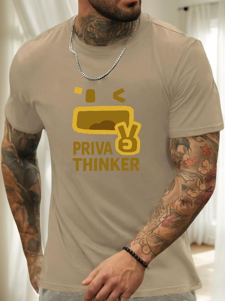 Футболка с коротким рукавом PRIVA THINKER Мужская 100% Хлопок С рисунком Летняя С круглым вырезом Дышащая Повседневная Модная Крутая Футболка