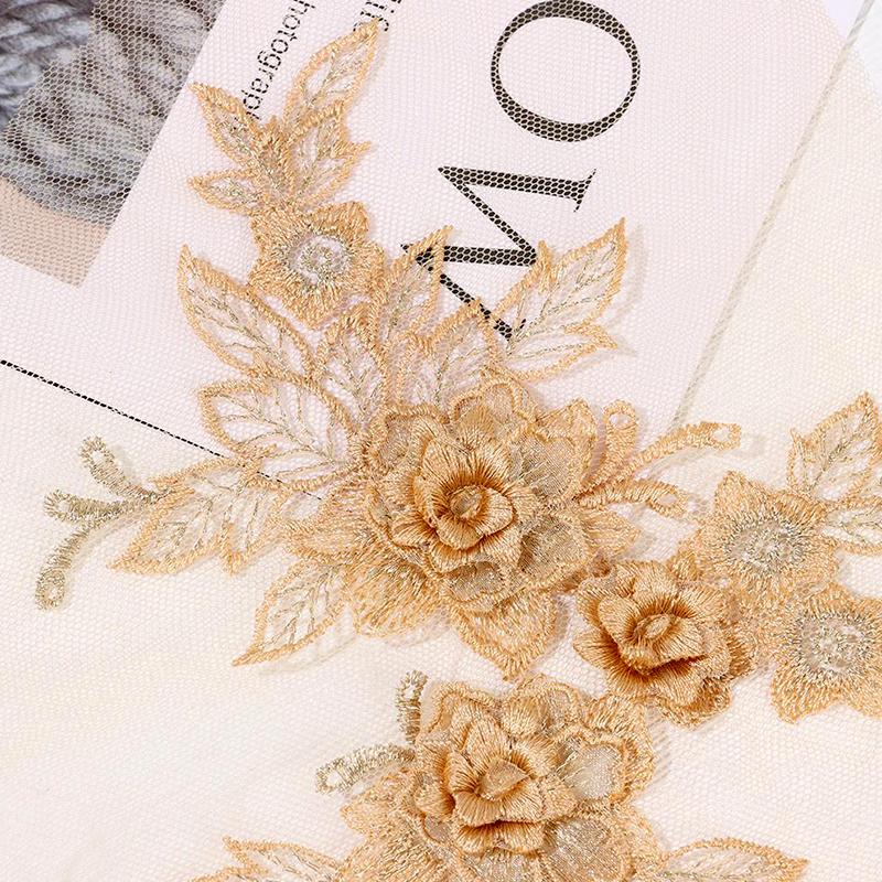 2Pcs Sewing Motif Fabric Craft Hollowed Out Dress Decoration Flower Embroidered Trim Wedding Bridal Lace Applique DIY Patches