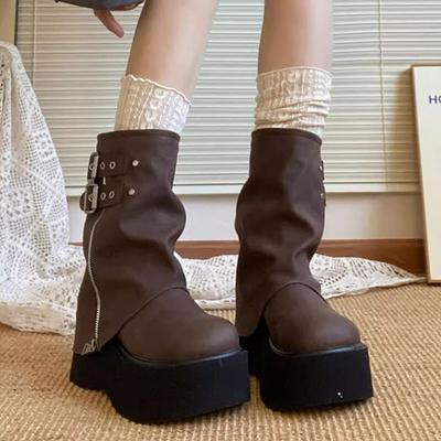 Милые Крутые Пряные Девушки Фанатки Автомобильные Штаны Трубы Ботильоны На Танкетке Маффин Ботинки Мартин Толстая Подошва Увеличивающие Рост Короткие Ботинки Женские Осенние Новые