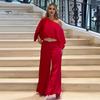 2 Pcs/Set Women Top Pants Set 3D Rose Print One Shoulder Slant Neck Long Bat Sleeve High Waist Wide Leg OL Commute Style Pockets Lady Blouse Trousers