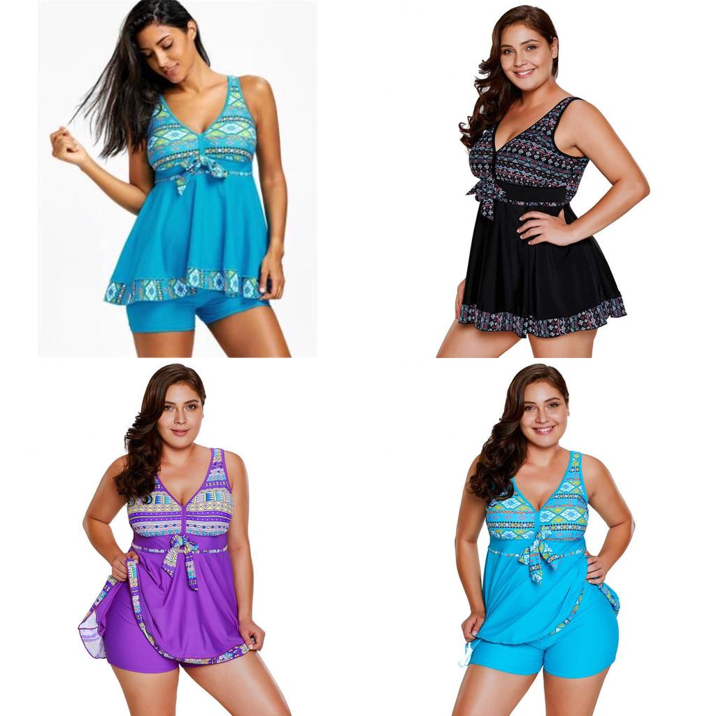 Элегантный женский модный купальник танкини большого размера с V-образным вырезом и юбкой с принтом спереди