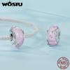 WOSTU Стерлингового Серебра 925 Розовые Стеклянные Бусины Прозрачная Бабочка Шарм Подходит Для Женщин Оригинальные Браслеты DIY Ювелирные Изделия