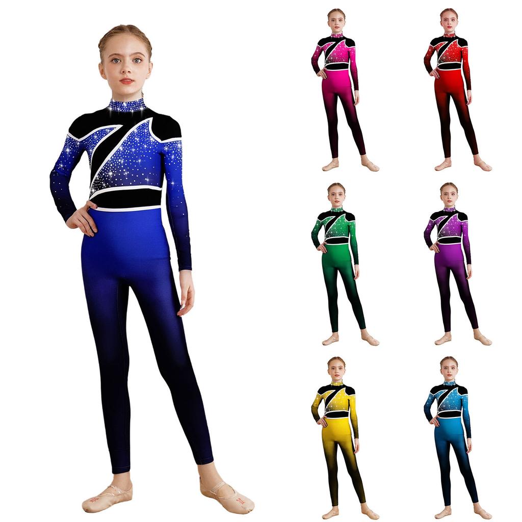 Girls Performance Jumpsuit Color Gradient Mock Neck Long Sleeve with Rhinestones Keyhole Back