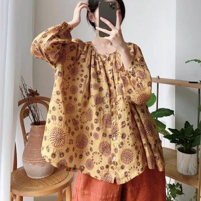 Весенне-осенние женские топы, винтажные повседневные универсальные свободные рубашки с длинными рукавами и круглым вырезом на пуговицах, женские рубашки