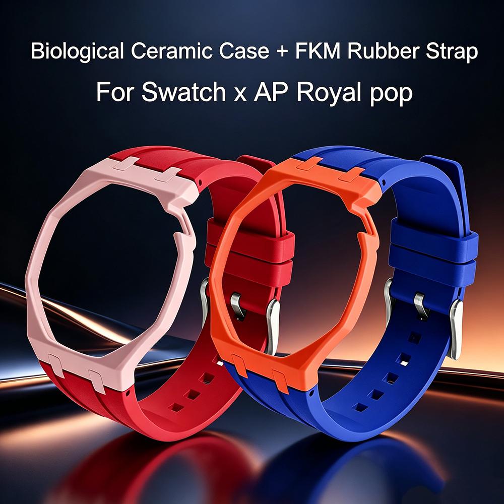 Advanced Dual Color Bioceramic Case FKM Rubber Strap Set For Swatch x AP Royal Pop Unisex Young Style