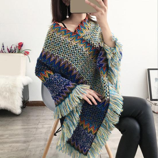 Bohemian Autumn Knitted Coat Knitted Comfy Autumn Winter V Neck Colorful Irregular Hem Cloak Coat Sweater