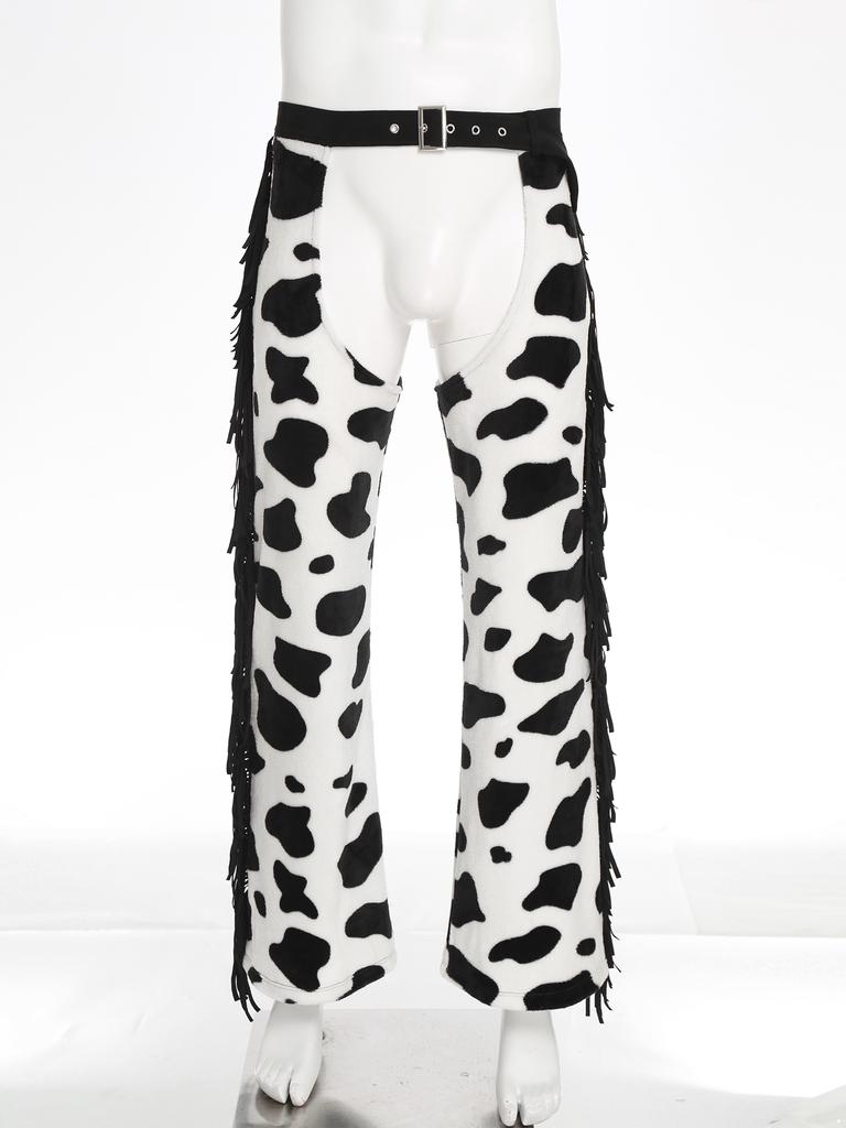 Men's Cow Print Flannel Chaps - Adjustable Waist Open Crotch Biking Pants with Side Tassels for Cowboy/Halloween (S-4XL)