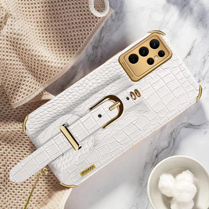 For Samsung Galaxy S24 Ultra Cell Phone Case Electroplating Leather+TPU Cover with Wristband