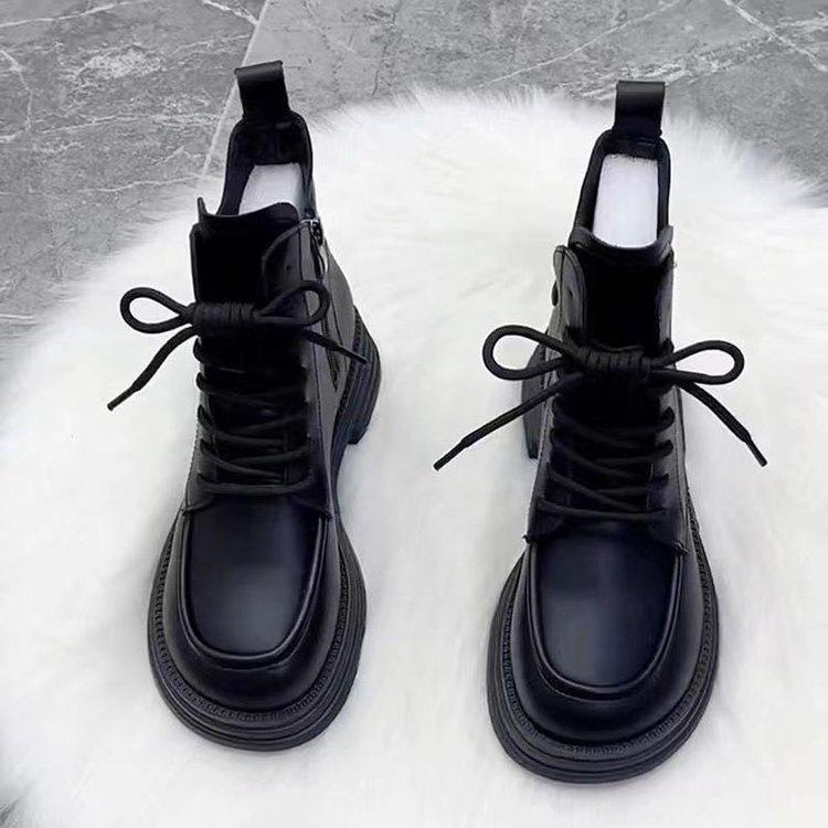 Martin boots women's British style winter velvet new black slim short boots flat bottom side zipper versatile single boots
