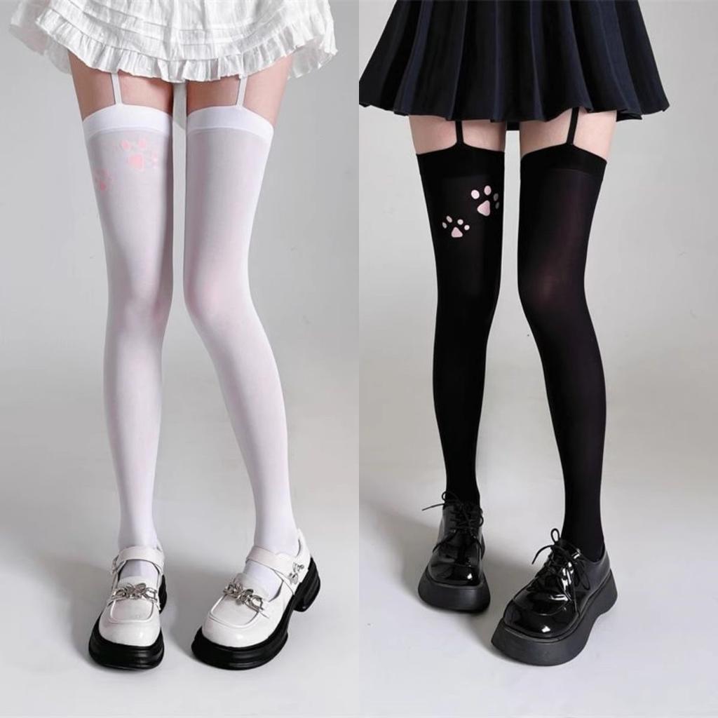 Cat Paw Print Sexy Over-the-Knee Socks with Straps Summer Thin Velvet Long Stockings