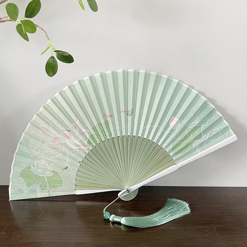 1PC Fan Summer Chinese Style Folding Fan Retro Style Lotus Classical Hanfu Cheongsam Daily Portable Folding Fan Dance Fan