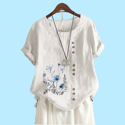Женская мода с коротким рукавом, хлопковая льняная блузка, лето и осень, мода, цветочный принт, свободная футболка