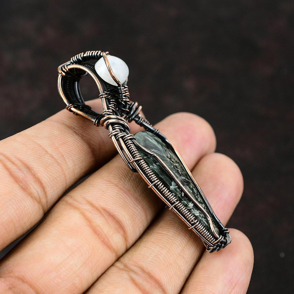 Подвеска из меди серафинит, подвеска из медной проволоки, дизайнерские украшения из драгоценных камней, подвеска из радужного лунного камня, ювелирные изделия ручной работы, подарок другу