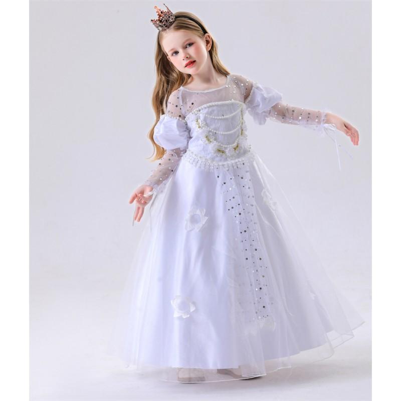 Alice In Wonderland White Queen Costume Dress Girls Fantasy Themed Party Stage Performance Outfit