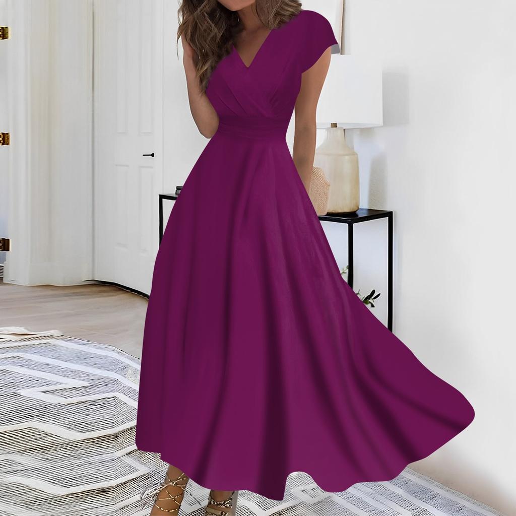 Жен. Длинное платье Платье макси Повседневное платье Шифоновые платья Свободное платье Сплошной цвет На каждый день Для взрослых На открытом воздухе Повседневные платья С рюшами С короткими рукавами Платье с v-образным вырезом