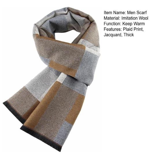 Men Scarf Plaid Print Winter Warm Thick Imitation Cashmere Long Scarf Medium Length Shawl Cold Weather Accessory