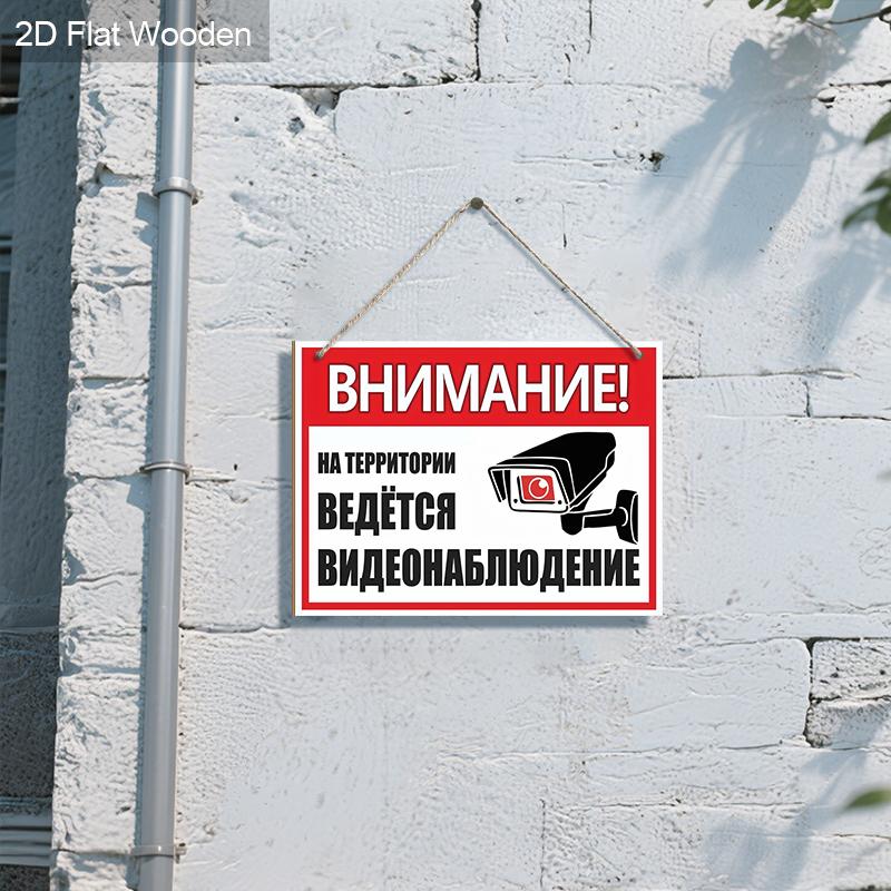 Предупреждающий знак из дерева 2D - «Внимание! Видеонаблюдение здесь - Идеально для магазинов, складов и домов - Сигнализация безопасности внутри и снаружи помещений