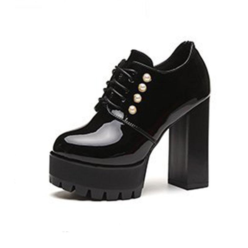 Fashion Spring and Autumn New High-heeled Single Shoes Fashion Solid Lace Up Patent Leather Pumps for Women Chunky Heeled Ladies Shoes