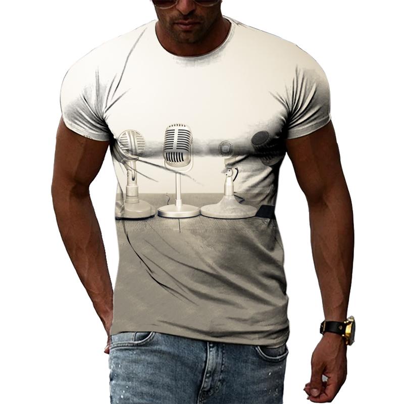 Summer Fashion Music Element Pattern T-shirt Hip-Hop Trend Microphone  Printing Tops Casual Novelty Men's Short Sleeved Clothing