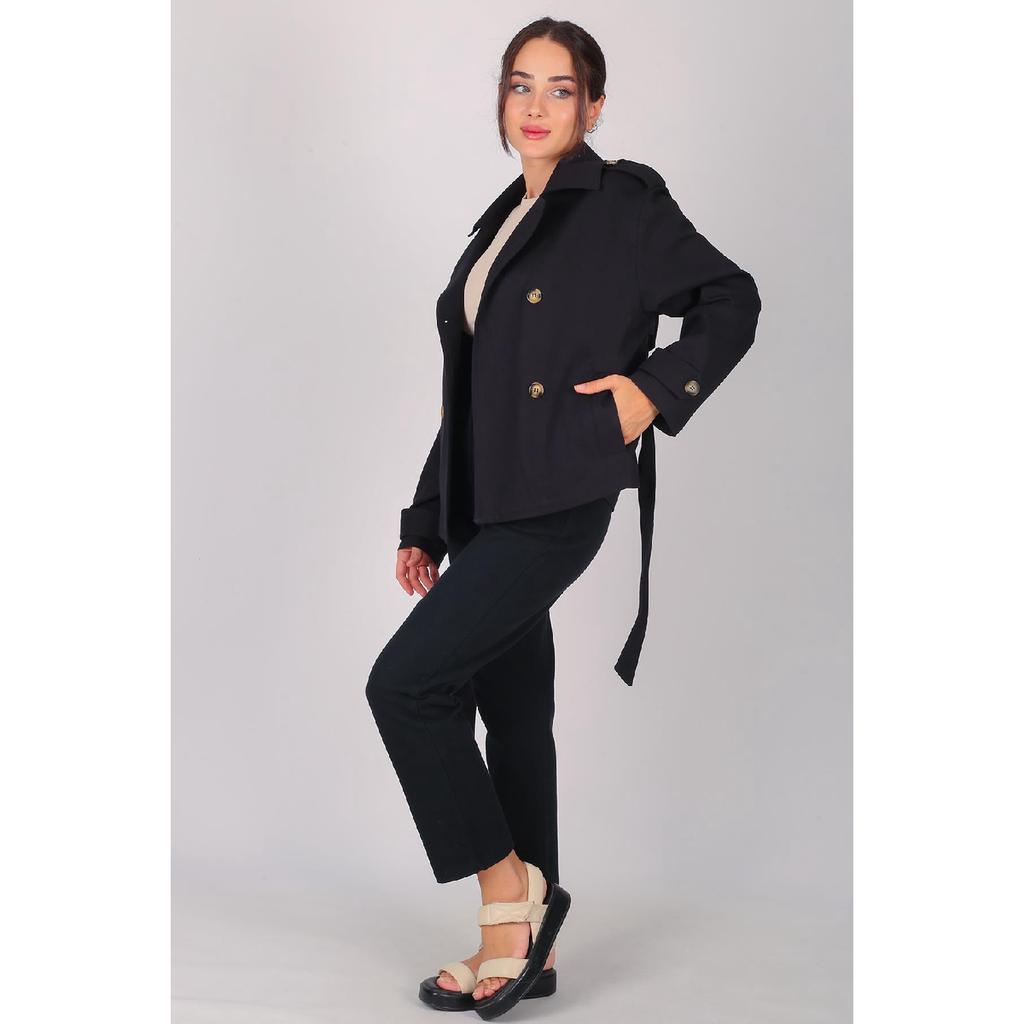 Women's Black Belted Short Trench Coat