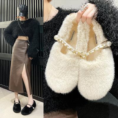 Плоская подошва один педаль новая корейская версия 2025 ленивый бархат теплая сумка голова хлопок тапочки осень зима пушистые женские уличные