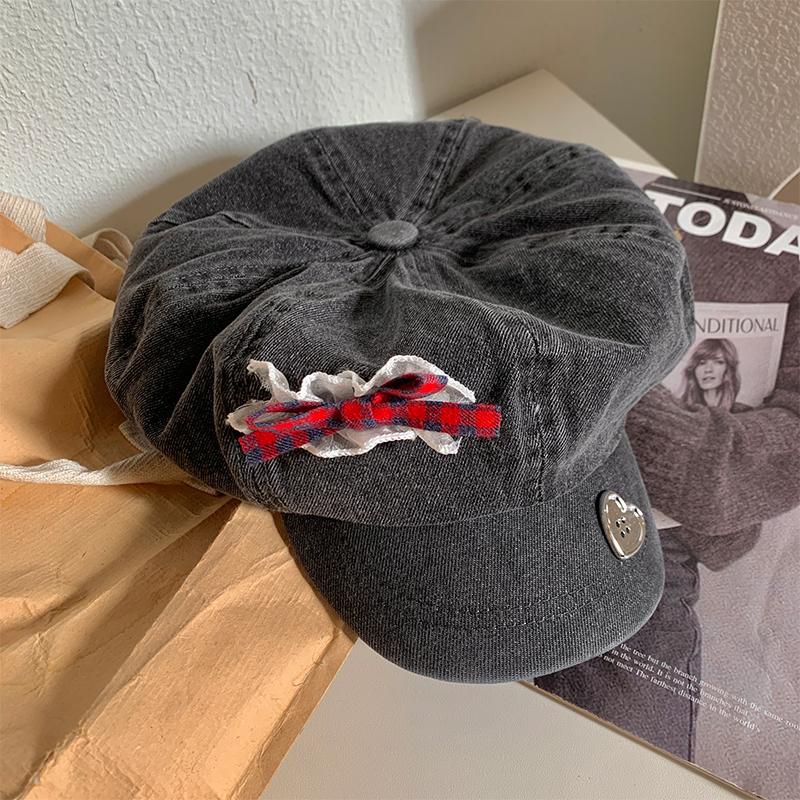 Y2K кружевной бант дизайн облако береты шапки для женщин показать лицо маленький летний осень повседневный универсальный корейский ретро джинсовый восьмиугольная шляпа