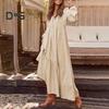Women's Casual Maxi Dress V-Neck Loose A-Line Pleated Dress Long Sleeve Retro Cotton Linen Dress for Work Street Vacation