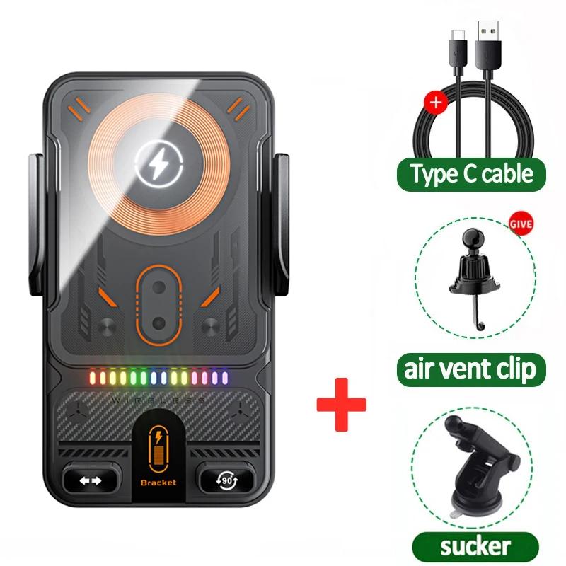 Car Wireless Charger Auto-Clamping RGB Light Phone Holder Stand Touching 360 Rotation Fast Charging Bracket For iPhone Samsung