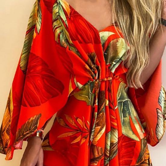 Asymmetrical Hem Elegent Beauty Lady Dress Tropical Print Sexy Women Dress Tie Front V Neck Mini Dress Beachwear
