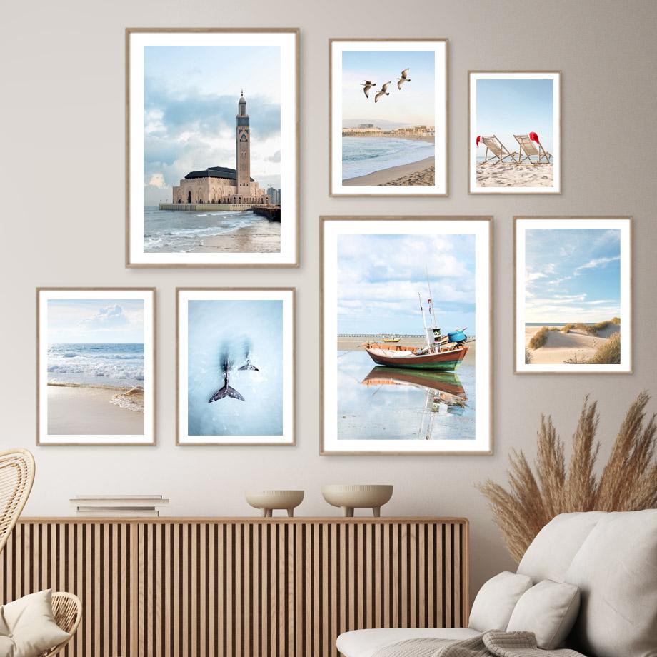 Береговая линия Пляжный стул Маяк Хвост кита Плакаты и принты Картина на холсте Скандинавское настенное искусство Картины Гостиная Домашний декор