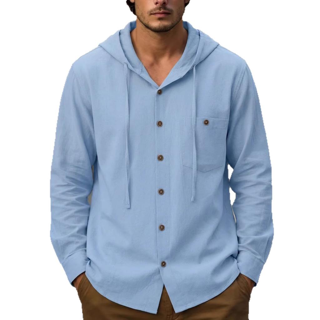 2026 Men's Fashion Casual Long-Sleeved Shirt with Cotton and Hemp, Hooded, Padded Pocket, Casual Beach Long-Sleeved Shirt