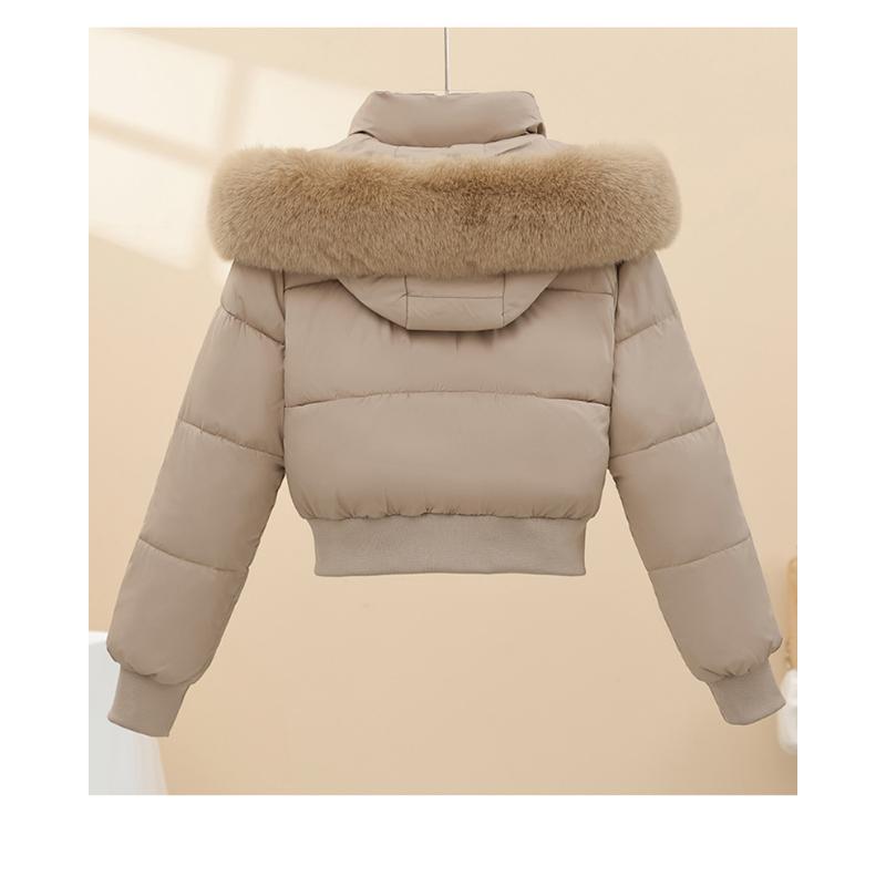 Women's Cropped Hooded Padded Coat, Detachable Faux Fur Collar High Waist Slim Winter Cotton Jacket Outerwear
