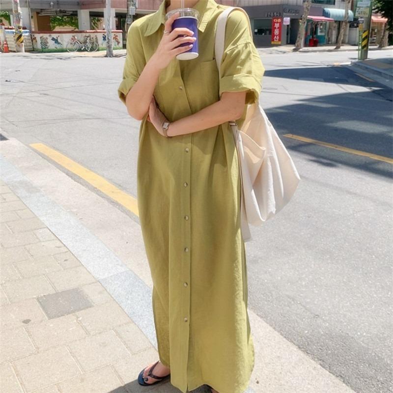 Fashion New Loose Women Shirt Dress Casual Short Sleeve Single Breasted Summer Dresses Female Lapel Solid Office Lady Elegant Long Dress 1308