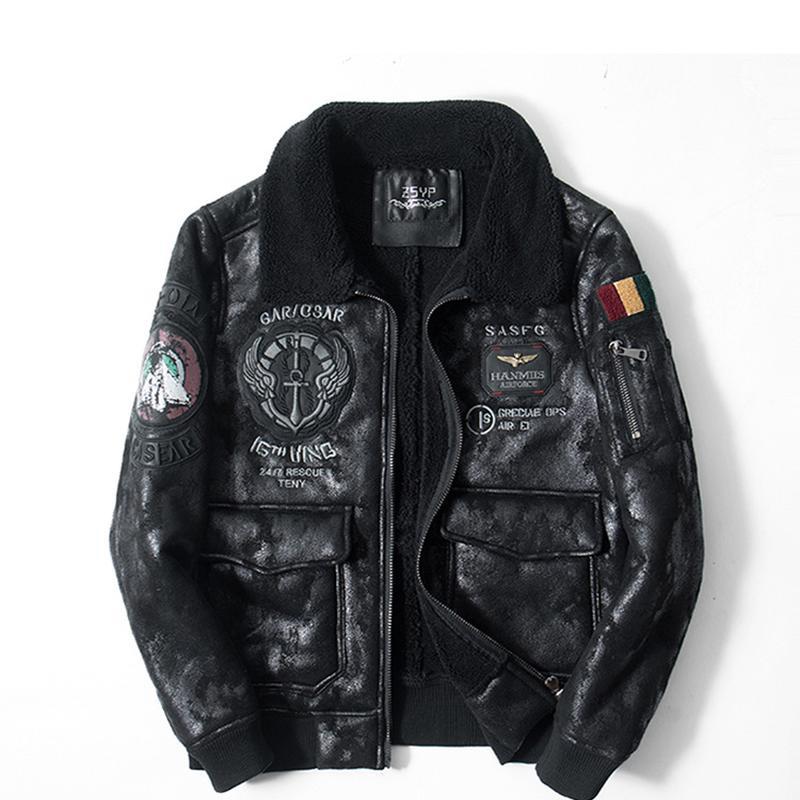 Мужской летный костюм ВВС, мотоциклетное кожаное пальто, цельное кожаное пальто из кожи и меха с вышитыми рукавами и этикеткой