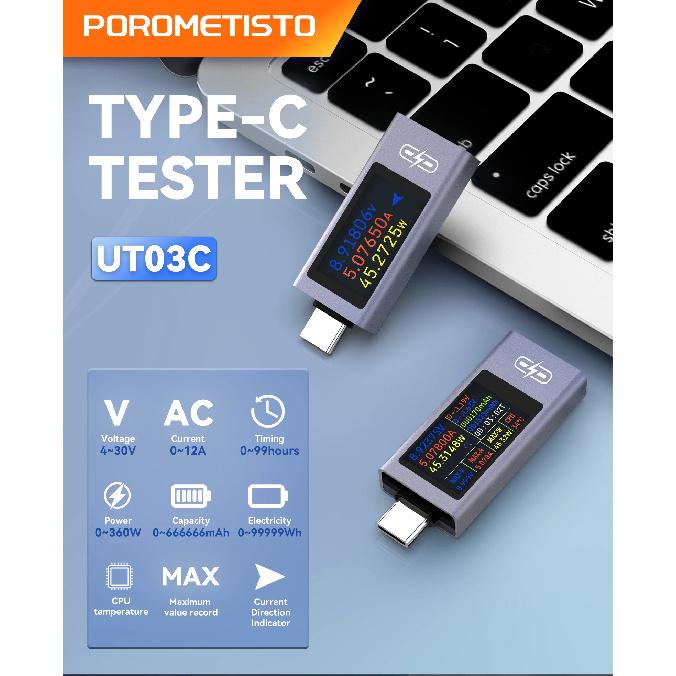 UT02C/UT03C Type-C Tester DC4-30V 0-12A Multi-function Digital Display DC Voltage Ammeter Power Meter Cell Phone Charging Tester