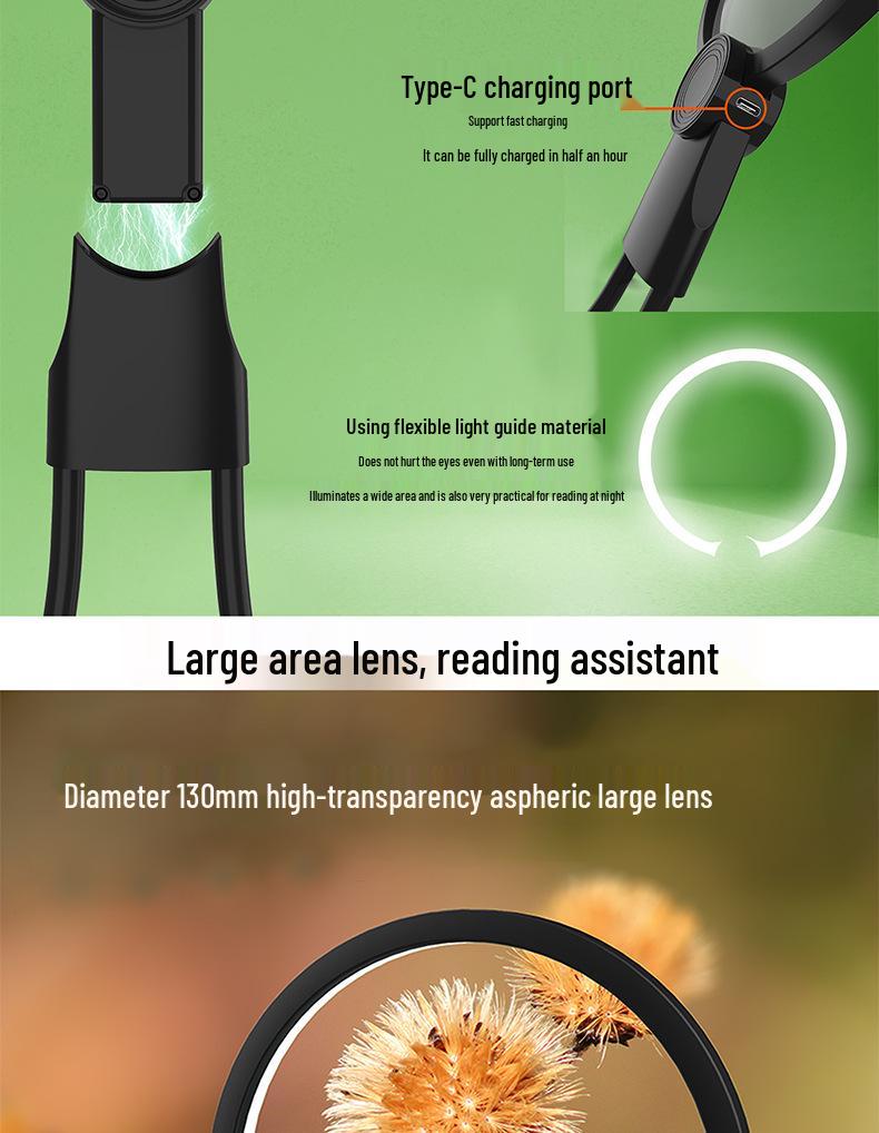 Sank 8039-6 Neck-Hanging Rechargeable LED Magnifier with 24 Lights, 130mm HD Lens, Round Frame Reading Stand