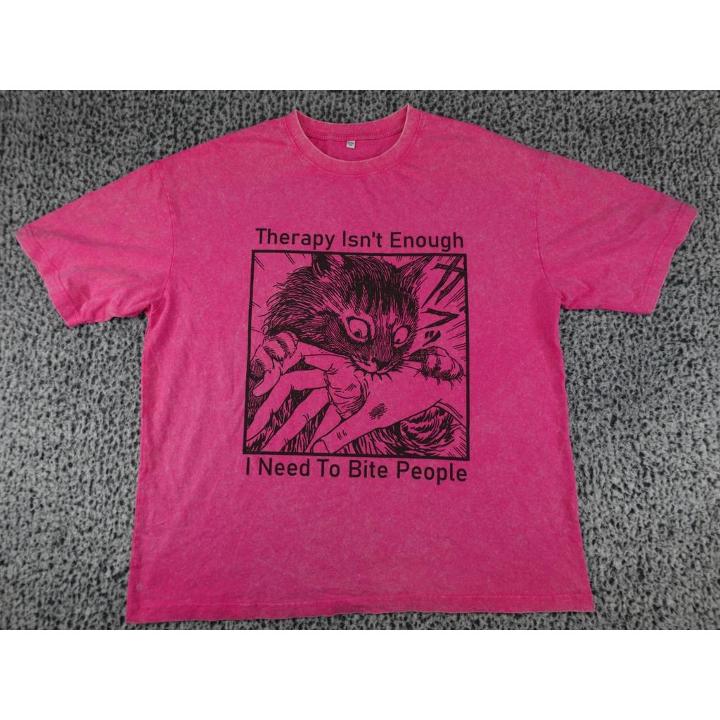 Unbranded Therapy Isnt Enough Cat Bite Graphic Tee Mens 2XL Pink Good Acid Wash Unisex T-Shirt