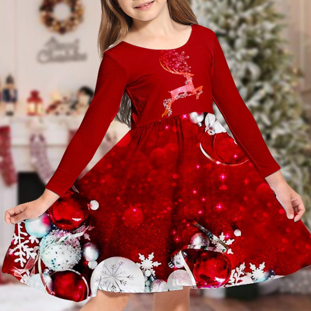 Осеннее повседневное платье с 3D рождественским принтом лося для девочек и круглым вырезом с длинными рукавами, детское платье принцессы