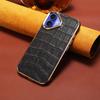 For iPhone 16 Case Genuine Cow Leather Crocodile Texture Electroplating Phone Cover - Black