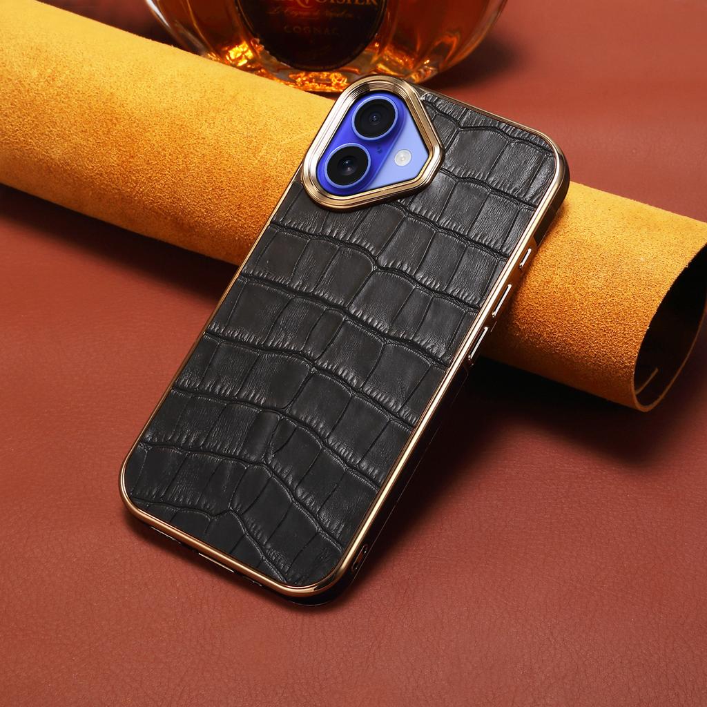 For iPhone 16 Case Genuine Cow Leather Crocodile Texture Electroplating Phone Cover - Black