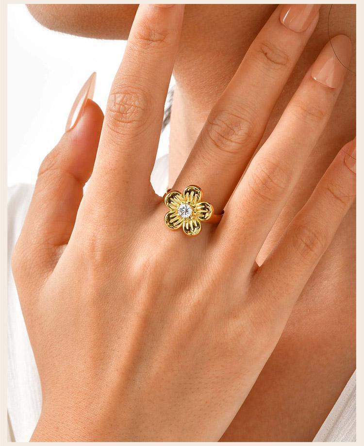Open Adjustable Flower Ring, Stainless Steel 18K PVD Gold Plated, Waterproof Tarnish Free Trendy Floral Jewelry Gift for Women