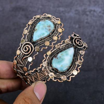 Natural Republic Ларимар Драгоценный камень Медная проволока Обмотка Манжета Браслет Регулируемый V9r91