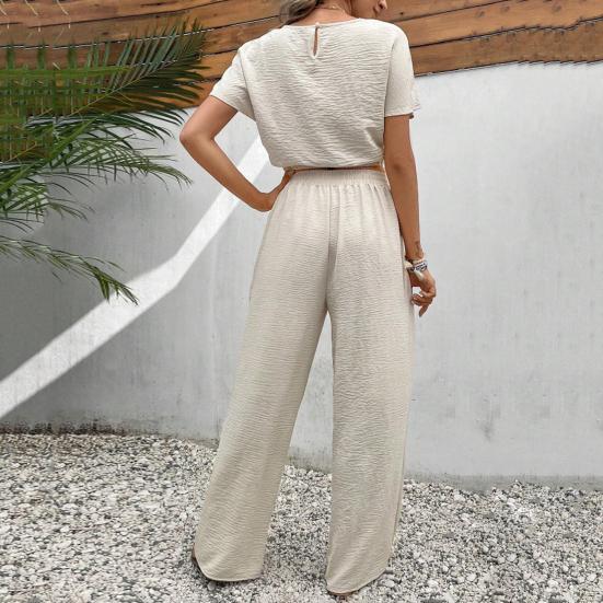 Комплект из 2 предметов: топы и брюки, О-образный вырез, короткий рукав, эластичный подол, повседневный свободный крой, однотонный, с высокой талией, длинные брюки
