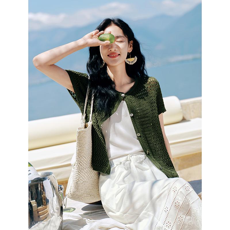 [Trailing Wandering] Jiuzi Anna Kou Leisure Hollow out Single breasted Knitted Cardigan for Women, 2026 Summer New Collection