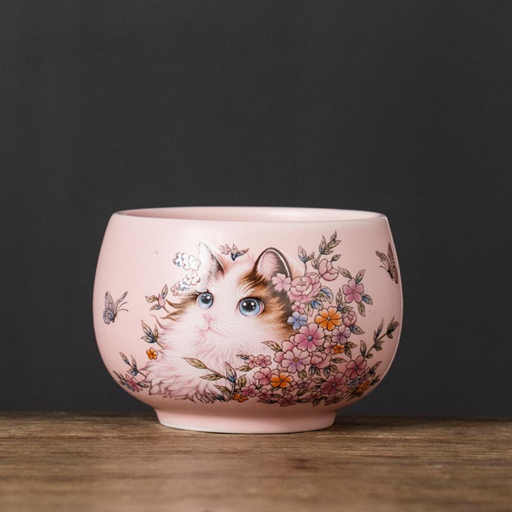 Керамическая чашка для чая с рисунком кота и цветов, китайская, для кунг-фу, 185 мл